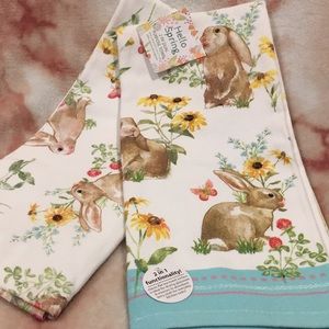Easter Spring Bunnies’ Flower Garden Kitchen Towels Set of Two NWT Cotton 18x28”